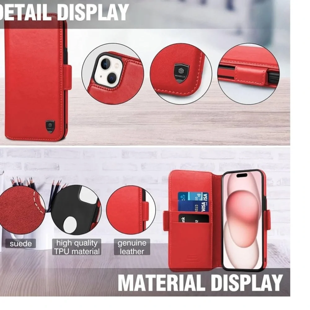 WENSELLE Luxury Red Leather Wallet Phone Case with MagSafe & Card Slots